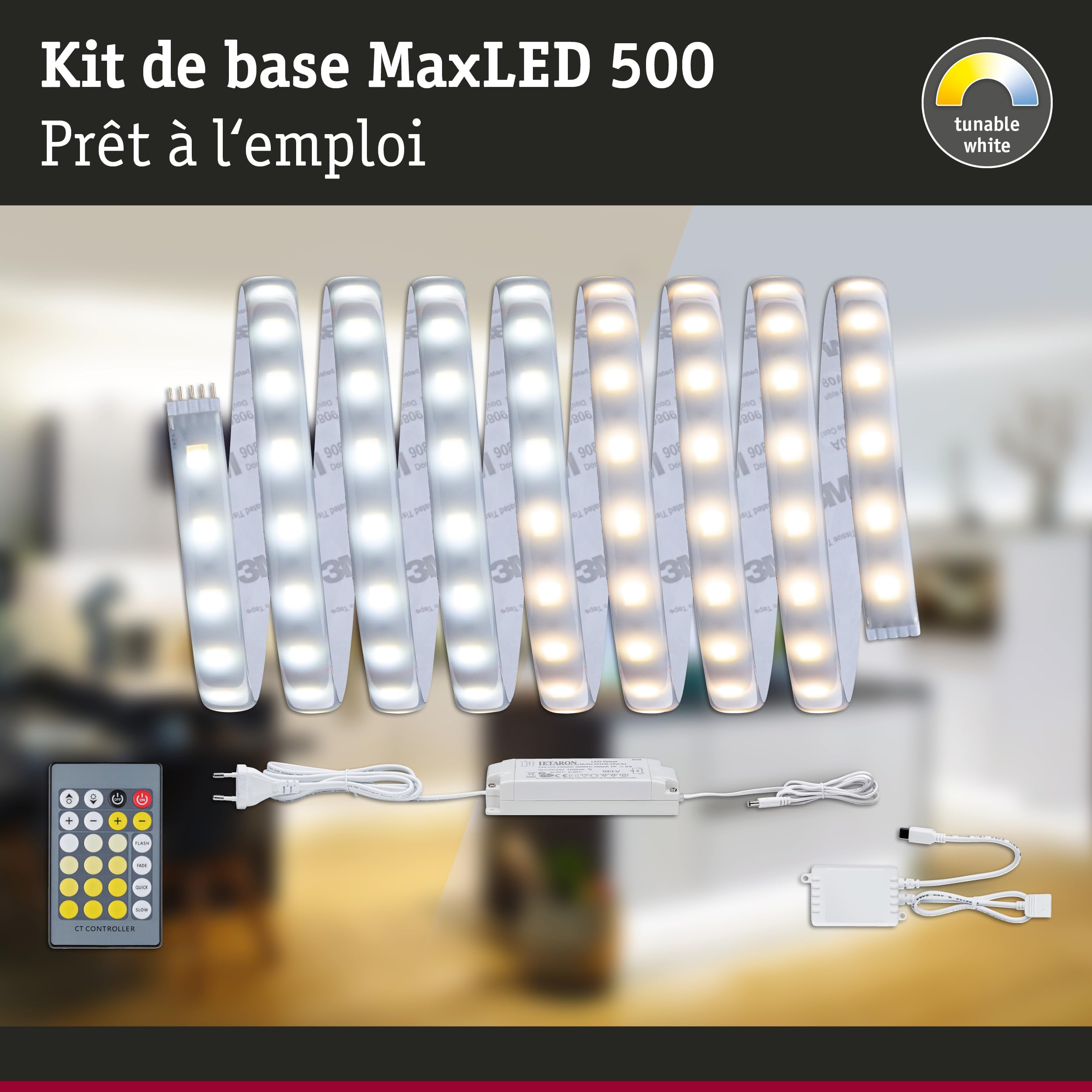 Paulmann 70624 Function MaxLED Kit de base LED bande Tunable White 3 m, 20 W, 230/24 V, 36VA, Argent, Plastique 300 x 12,5 x 0,3 cm