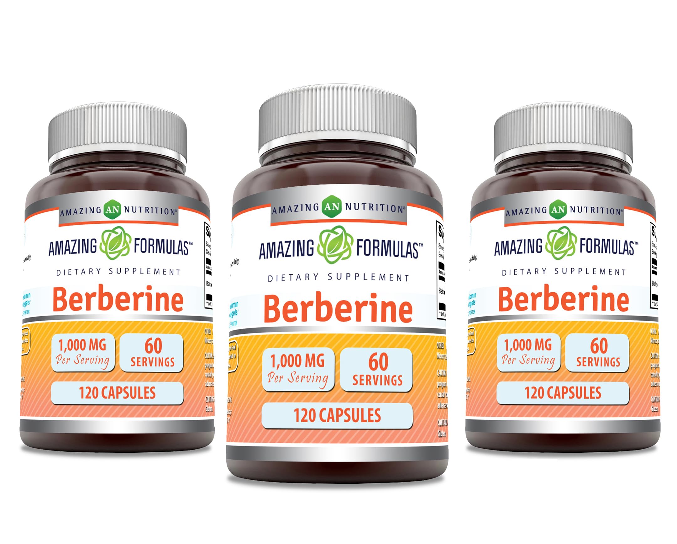 Amazing Formulas Berberine 1000mg Per Serving Capsules Supplement | Non GMO | Gluten Free | Made in USA (120 | 3 Pack)