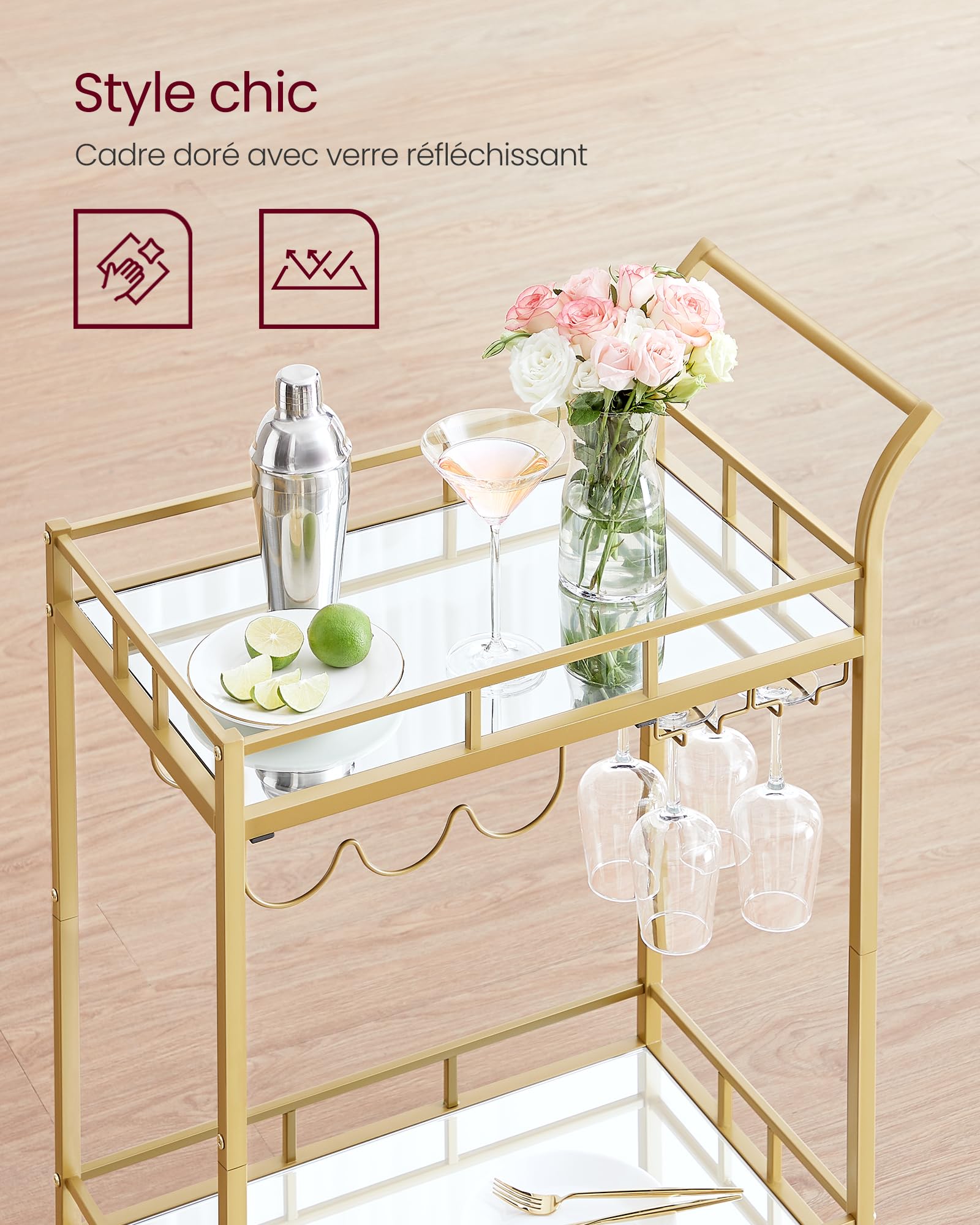 VASAGLE Desserte pour Boissons, Chariot à roulettes, Meuble de Cuisine, 2 Niveaux en Verre Réfléchissant, avec Porte-Bouteilles, Porte-Verres, pour Bar, Cuisine, Salle à Manger, Doré LRC092A62