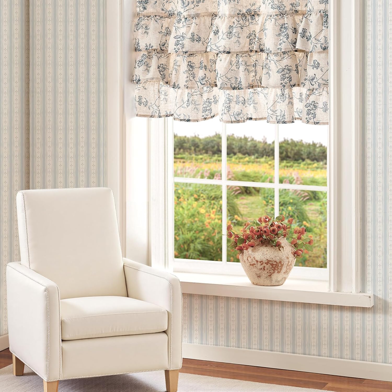 jinchan Ruffled Floral Valance Curtain Shabbychic Linen Window Valance 18 Inch Farmhouse Rustic Window Treatment for Kitchen Bedroom Living Room Rod Pocket 1 Panel Blue on Linen