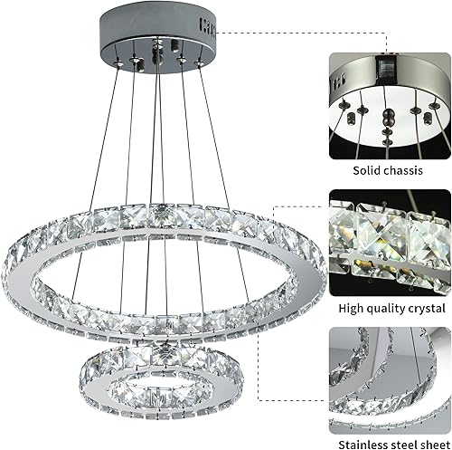 Miniatura 4 de Sunny Hawaii Candelabro LED de cristal, moderna lámpara de techo con 2 anillos para colgar, ajustable, lámpara colgante de acero inoxidable blanco