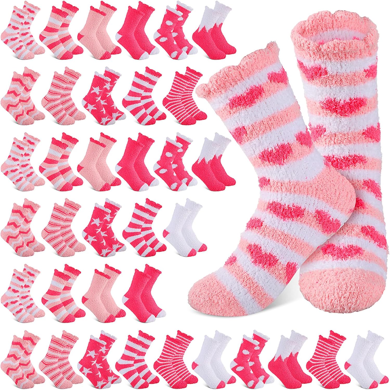 Hicarer Valentines Fuzzy Socks Bulk for Women Pink Cozy Fluffy Plush Sleeping Slipper Socks for Warm Winter Valentine Gifts