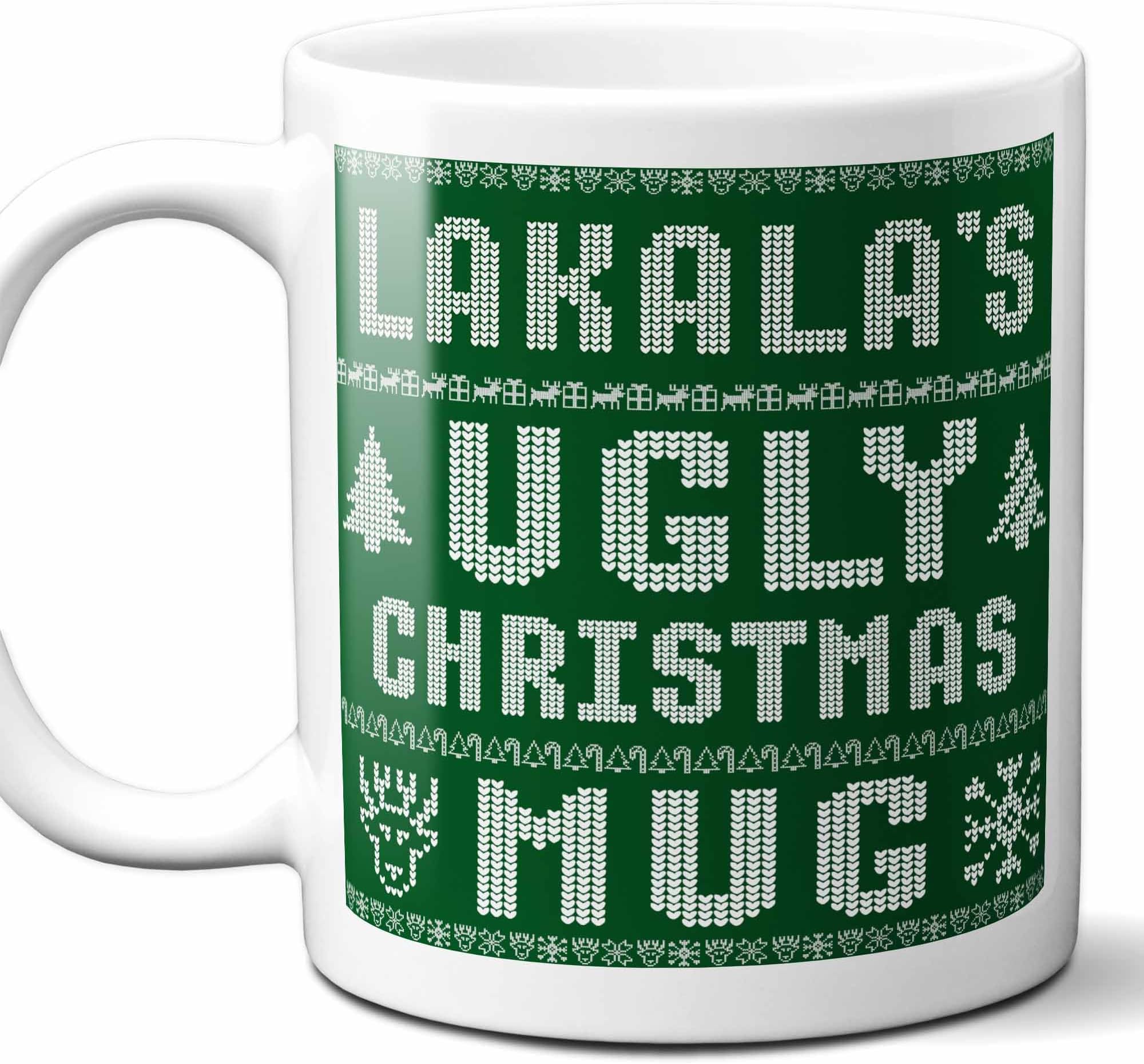 Lakala Name Christmas Gift. Personalized Ugly Christmas Sweater Coffee Mug. Funny Custom Xmas Gift, Stocking Stuffer For Friends, Coworkers And Person Who Has Everything. 11 Ounces.