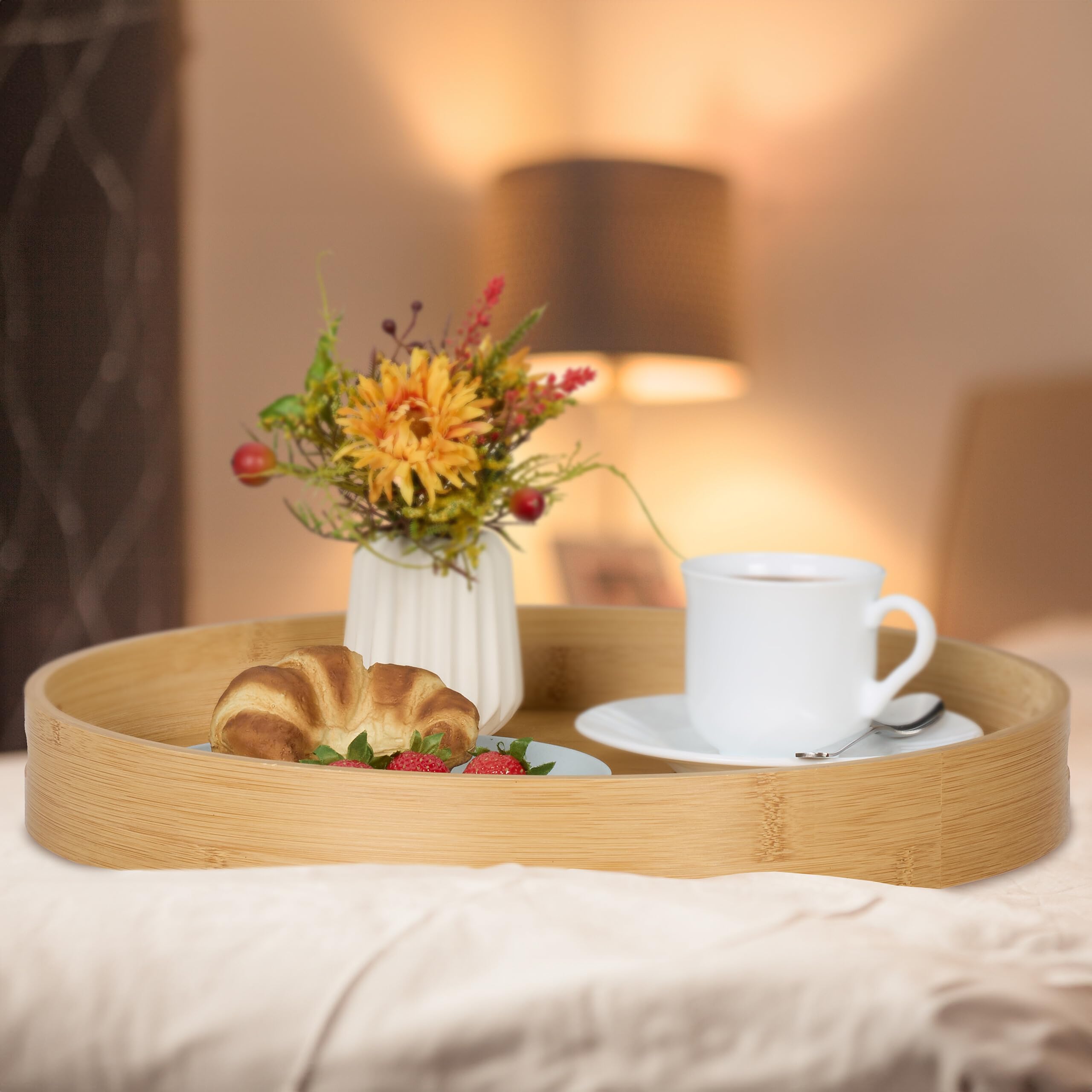 Relaxdays Taca, bambus, MDF, wys. x śr.: 5 x 40 cm, taca do serwowania z uchwytami, wysoka krawędź, okrągła taca kuchenna, naturalna