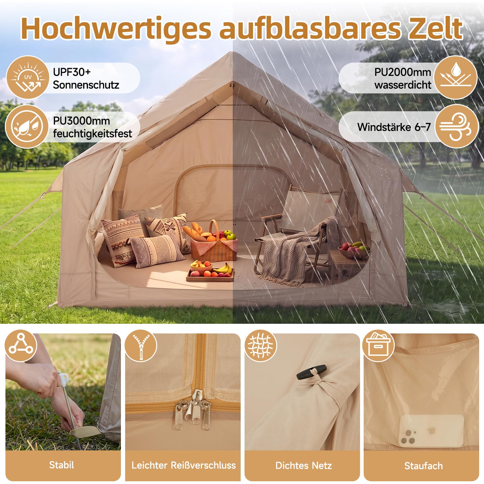 Tente gonflable avec auvent (4 à 8 personnes, beige) | Tente familiale en Oxford 210D, PU 3000 mm imperméable, UPF 30+, tente glamping 300 x 240 cm, pour camping en plein air