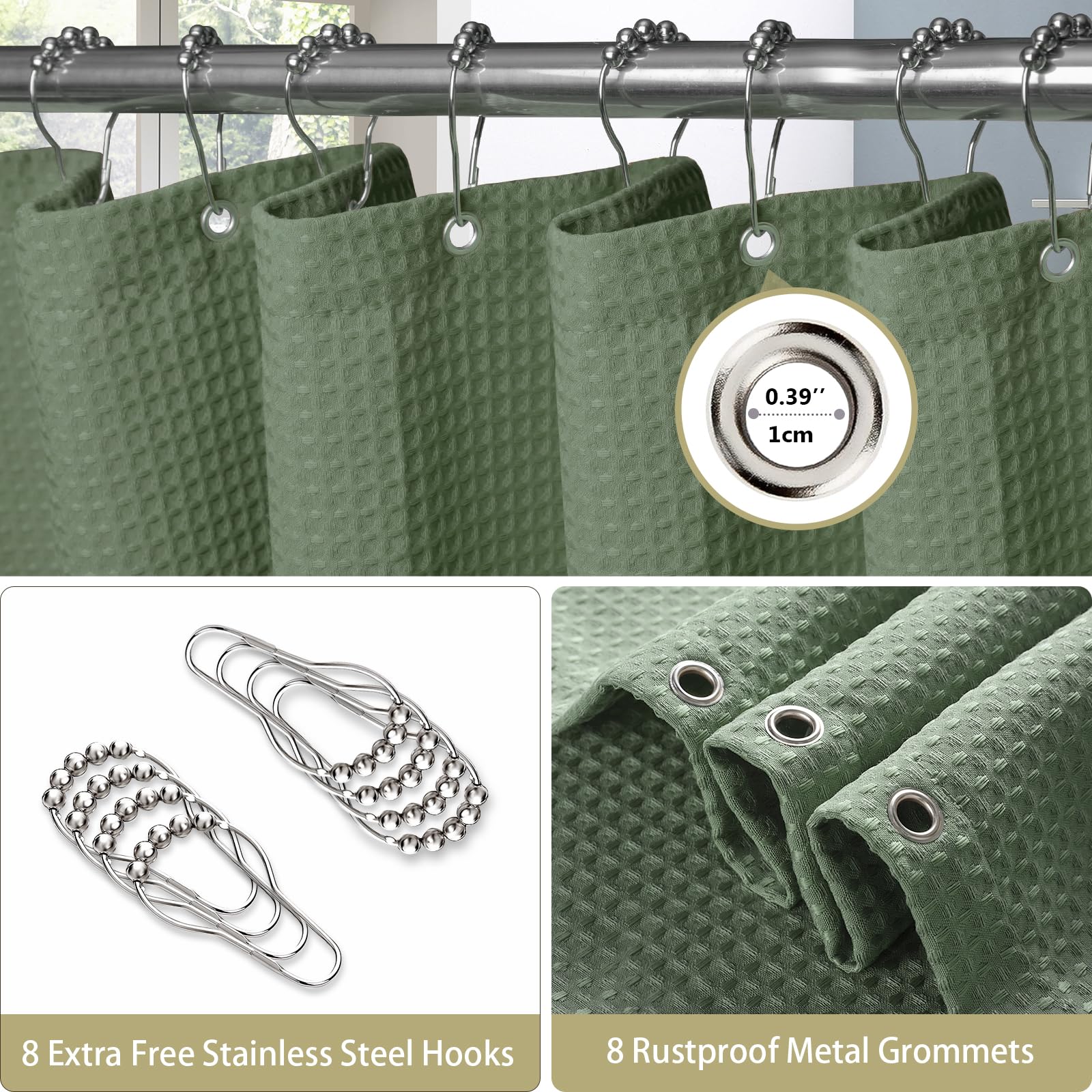 VANZAVANZU Shower Curtain for Bathroom with Metal Hooks Waffle Fabric Shower Curtain Heavy Duty Bath Curtain for Wet Room Bathtub Shower Stall Weighted Hem - Image 4