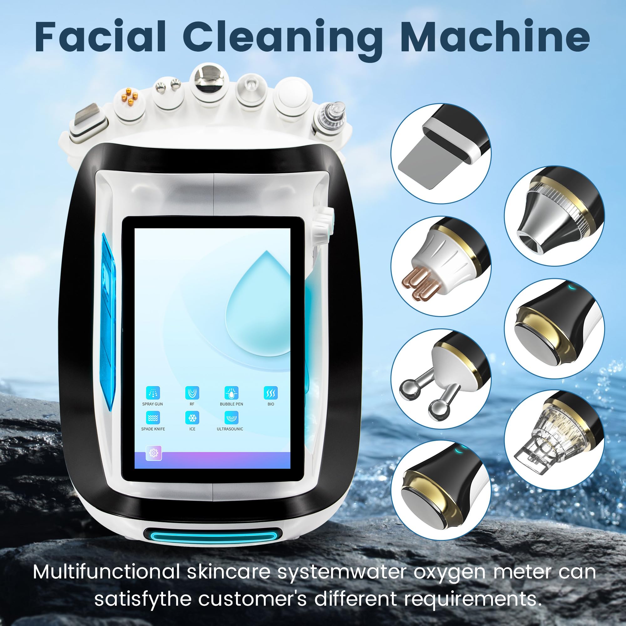 Hydrodermabrasion Gesichtspflegegerät 7 in 1, 10,1 Zoll Touchscreen, 14 Sprachen, RF, Bio RF, Ultraschall, Kältehammer, Spatel und Sauerstoffspray