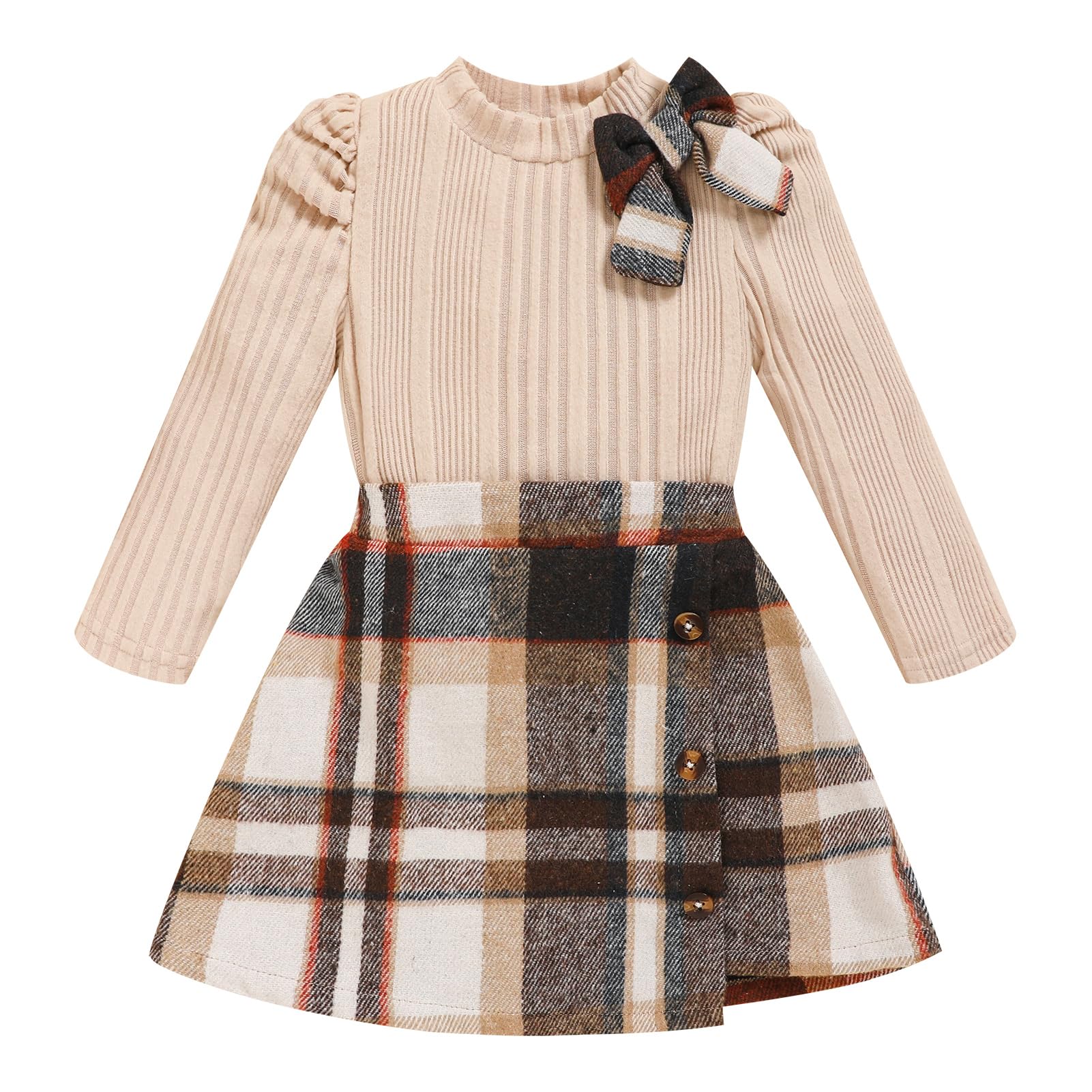 Toddler Girl Plaid Outfits Fall Winter Dress Knit Ribbed Bow Sweatshirt Tops and Button Fashion Skirts Set