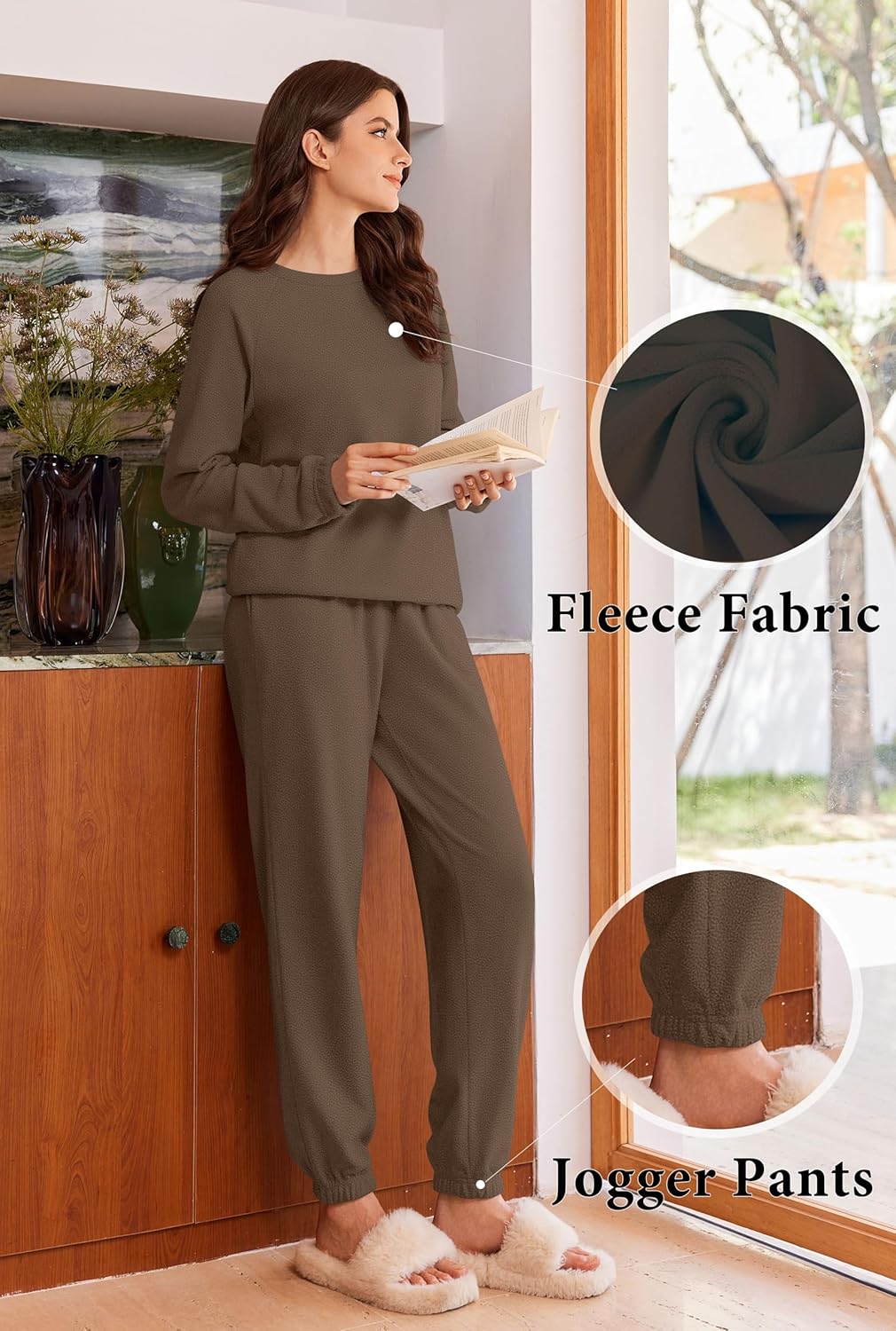 Ekouaer Womens Fleece Pajamas Sets Long Sleeve Lounge Set Jogger Sets 2 Piece Flannel Pjs Winter Sleepwear Loungewear - Image 5