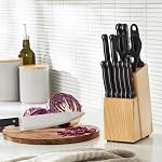 Amazon Basics 14-Piece Couteau de cuisine en acier inoxydable à haute teneur en carbone avec aiguiseur et bloc en bois de pin, noir