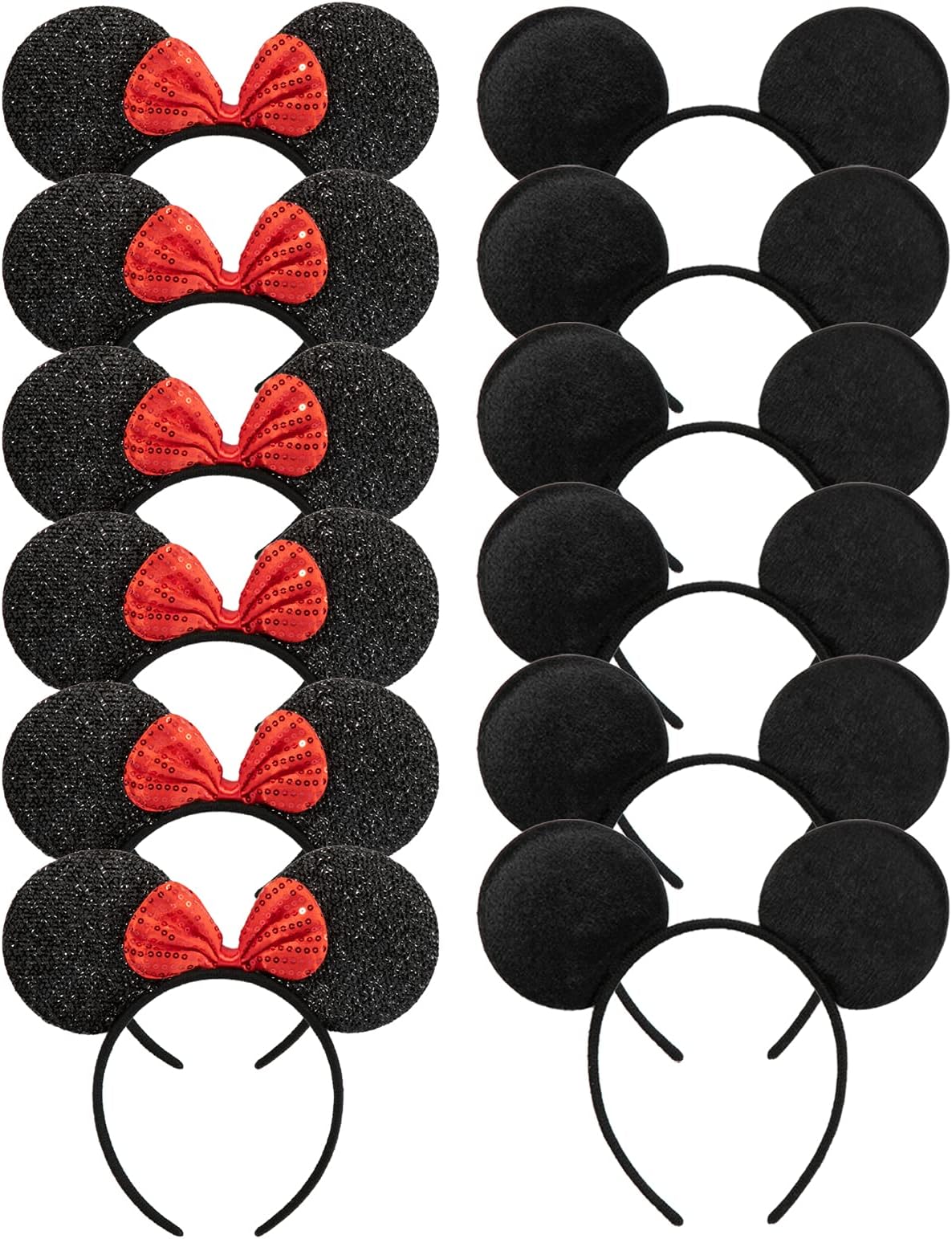 Mouse Ears Headband for Boys and Girls Birthday Party or Celebrations, Solid Black and Red Bow, 12pcs