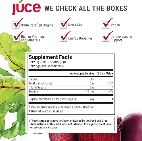 Miniatura 2 de JUCE Beet Superfood en polvo hecho con remolacha orgánica 100% pura, suplemento de óxido nítrico totalmente natural, sin gluten, sin soja, vegano,