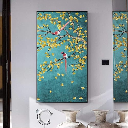Miniatura 2 de Carteles de pájaros de flores de urraca. Impresión de lienzo de cuadros de estilo chino. Cuadro de arte de pared para decoración del hogar 27.6x55.1