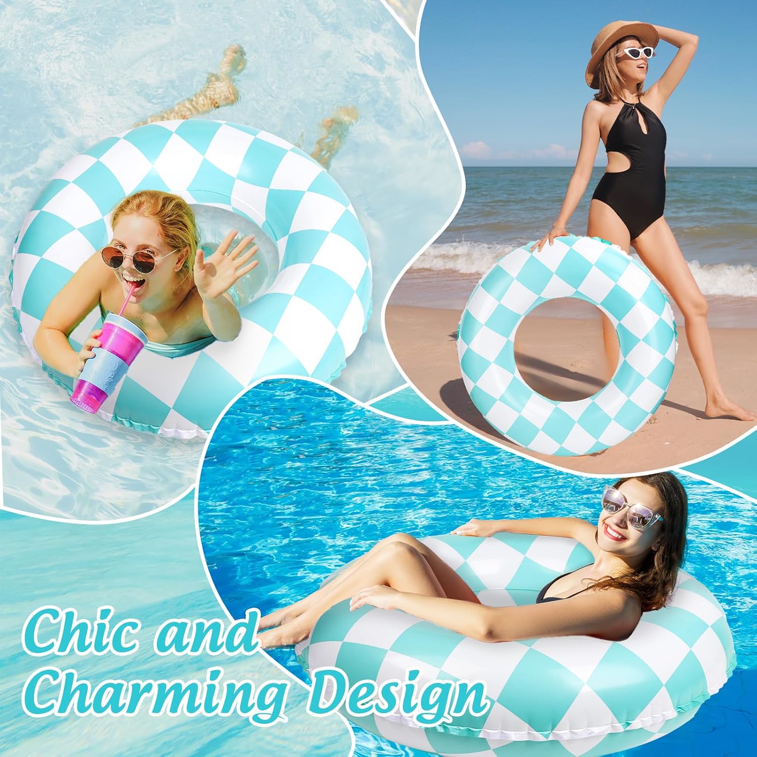 FYSUIMU 3Pcs Inflatable Pool Float Retro Blue Checkered Swim Rings Swimming Pool Tubes for Teens Summer Beach Bachelorette Party, 30 x 14 Inch