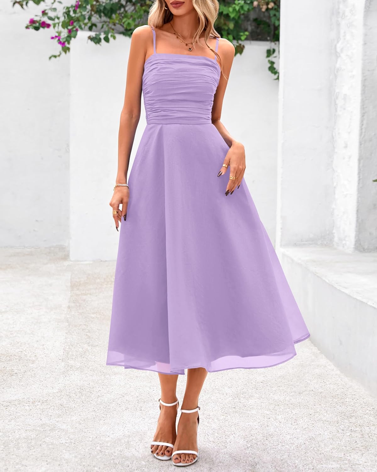 PRETTYGARDEN Womens Summer Dresses 2025 Spaghetti Strap Sleeveless Smocked Flowy Midi Wedding Guest Dress with Pockets - Image 4