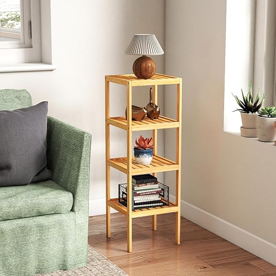 Bamboo Storage Shelf - 4-Tier Bathroom Shelves Bamboo Bathroom Storage Organizers for Kitchen Toilet Bedroom Laundry Pantry