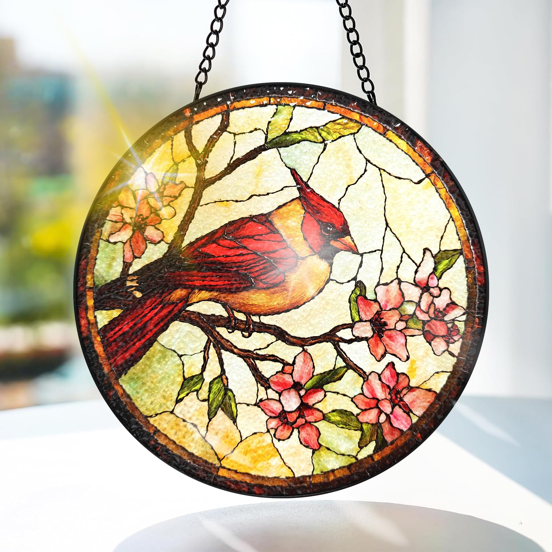 Bimkole Bird Stained Glass Suncatcher Window Hanging, Flowers Design for Indoor Window or Doorway Decoration