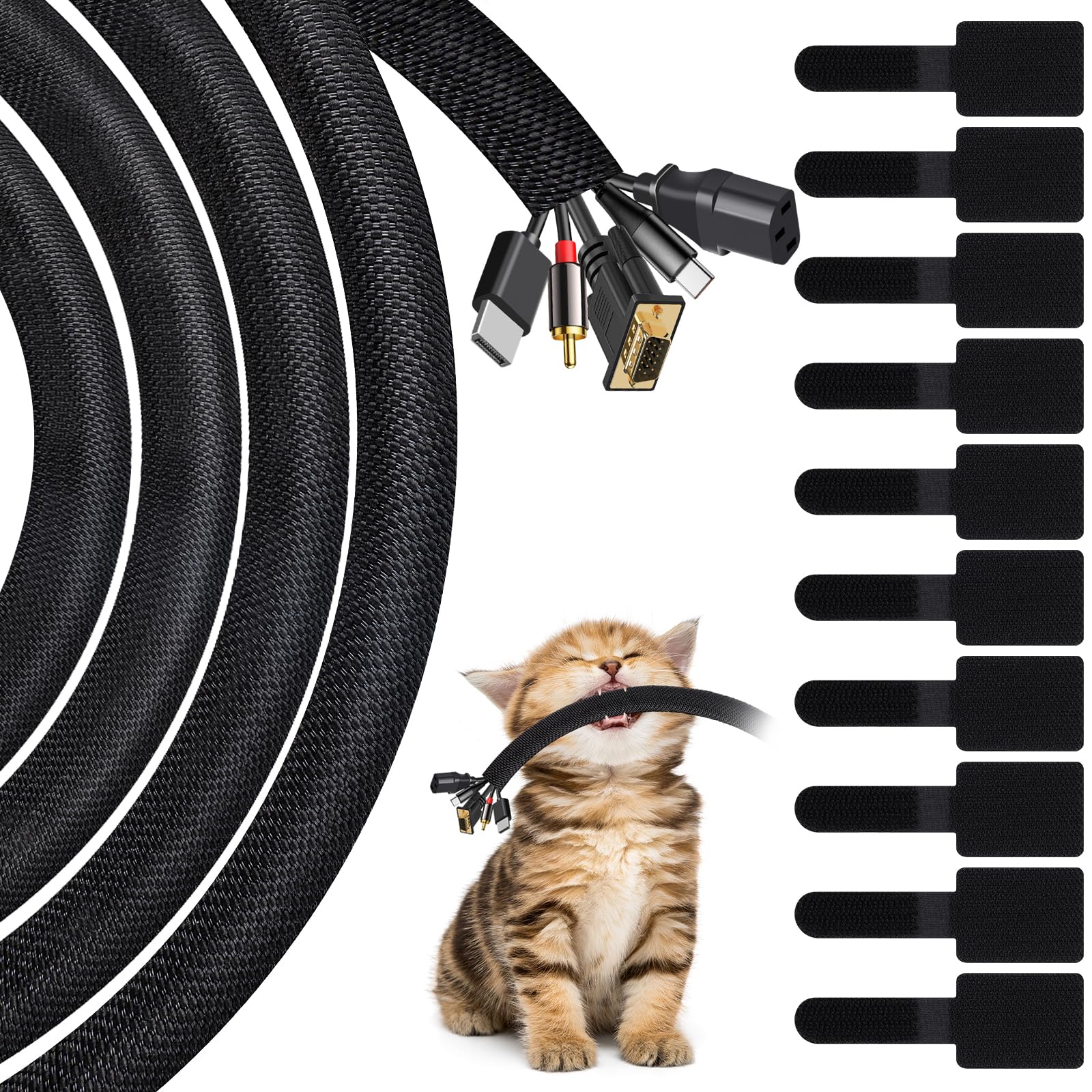 1/2"-10Ft Black Cable Tidy Sleeve with 10 PCS Reusable Cable Ties, Cable Sleeve for Computer Wire Tidy, Cord Protector from Pets Chewing, Self-Wrapping Wire Loom Tubing - Flame Retardant