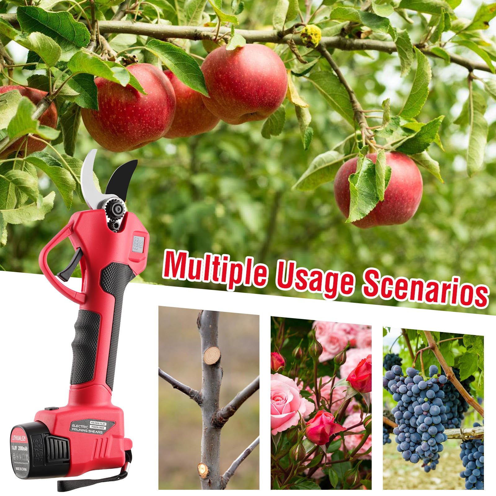 Tijeras de Podar Eléctricas, 25/35 mm,Podadora Eléctrica con 2x2000mAh Baterías, Motor Sin Escobillas, Pantalla de Batería, Tijeras de Podar Batería para Jardinería, Huertos y Viñedos
