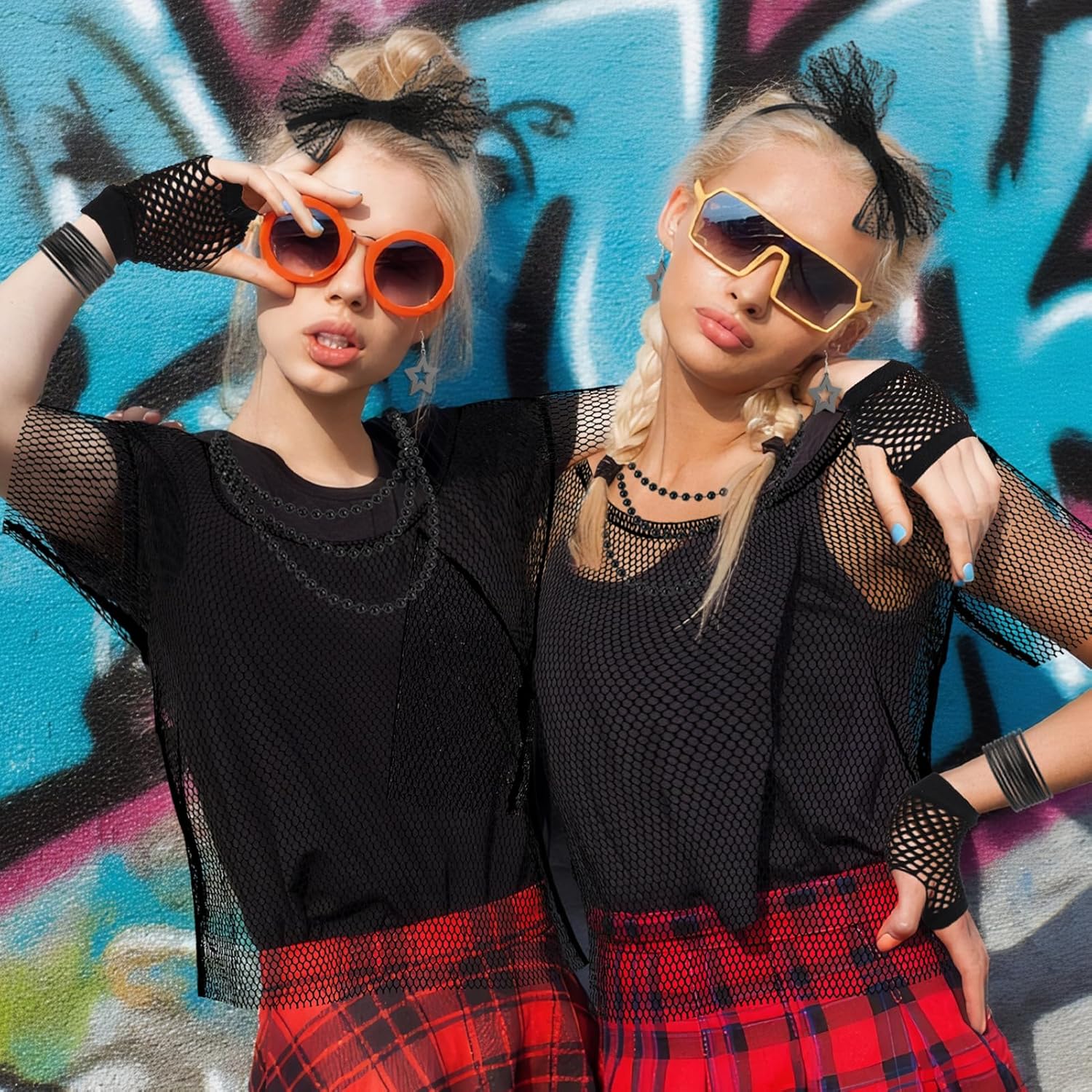 80s Fishnet Top Costume Accessory Set for Women, Black Mesh Off Shoulder Shirt with Gloves Headband Jewelry 1980s Retro Halloween Party Outfit - Image 3
