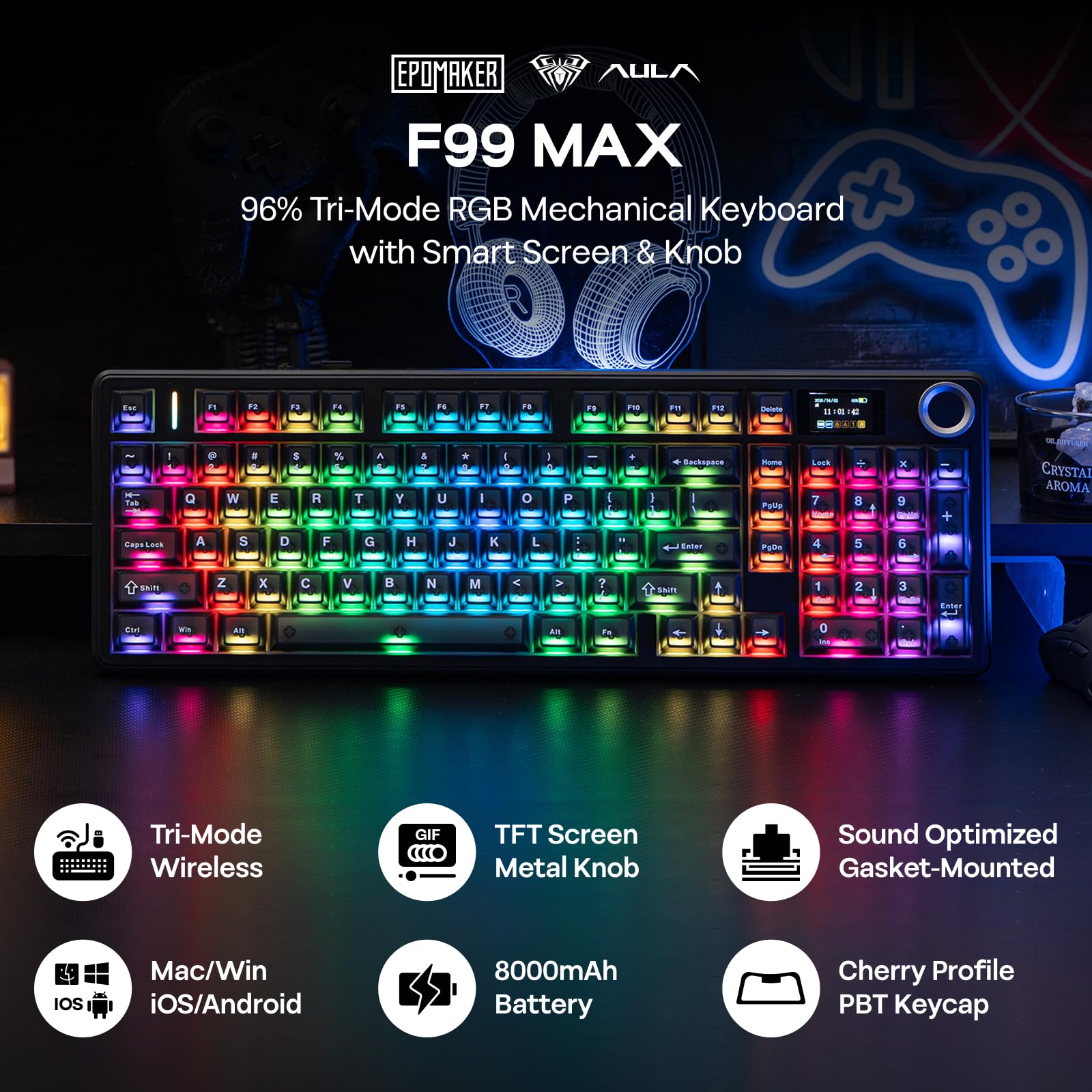 EPOMAKER Aula F99 MAX Teclado Mecánico Inalámbrico, Pantalla&Perilla, 8000mAh, Teclado Cremoso de 2.4Ghz/BT, Switch Prelubricado, Intercambiable en Caliente, RGB, Software Personalizable (Negro Mate)