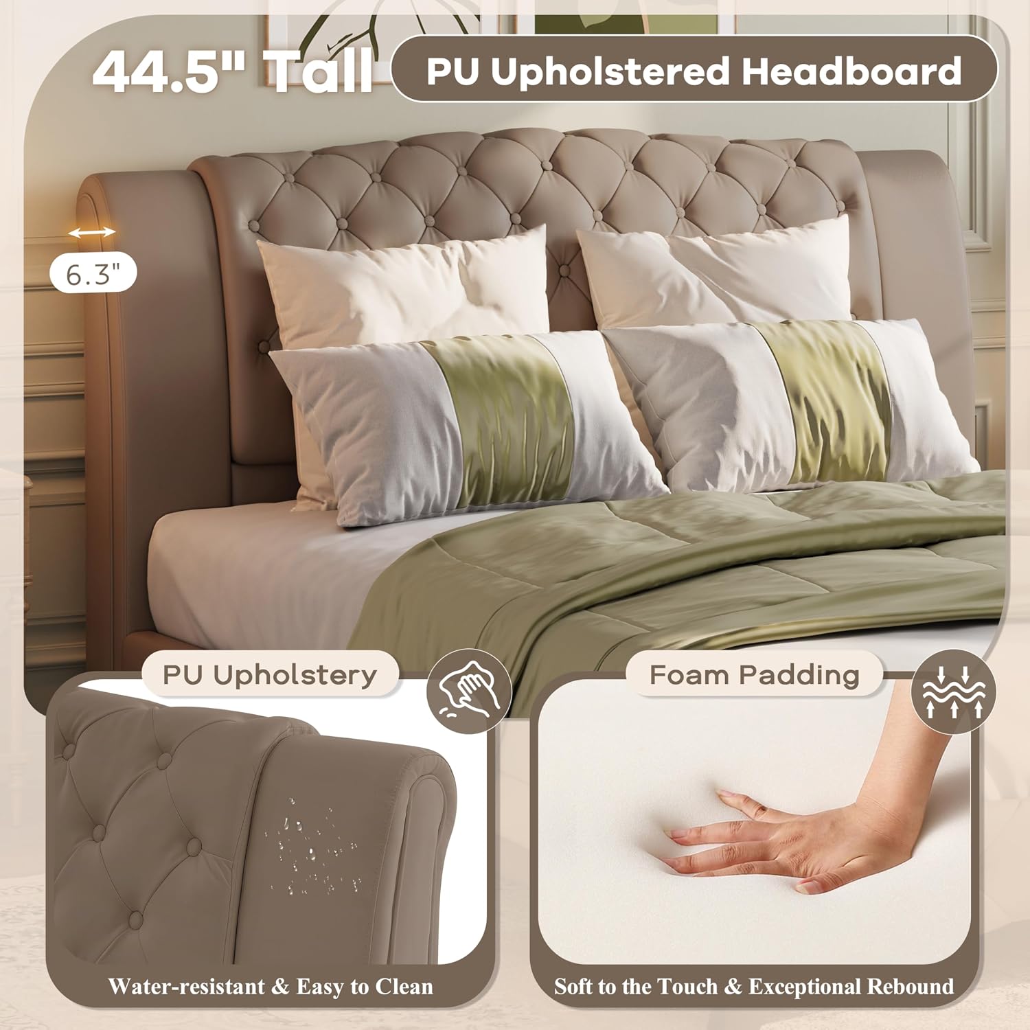 Christopher Knight Home Hira Queen Bed Frame with Headboard, Queen Size Bed Frame with Button Tufted, PU Leather Upholstered Platform Bed, Wooden Slats Support, No Box Spring Needed, Brown