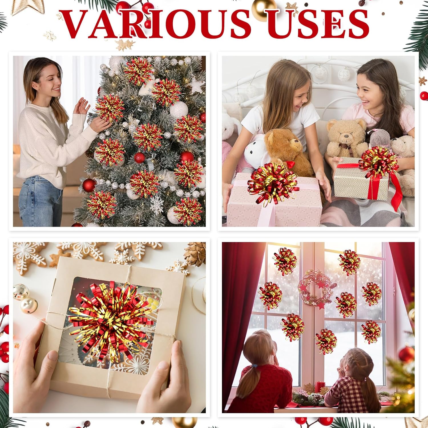 Yunlly 40 Pcs 4'' Christmas Bows Gift Wrapping Self-Adhesive Metallic Assorted Size Christmas Present Bows with Ribbon for Gift Basket, Holiday, Birthday, Anniversary(Red, Gold) - Image 6