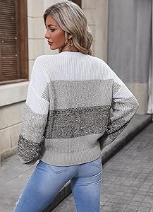 QIANSIQIANBO Women's Striped Color Block Sweater Long Sleeve Crewneck Casual Loose Fit Soft Knit Sweater Pullover Tops