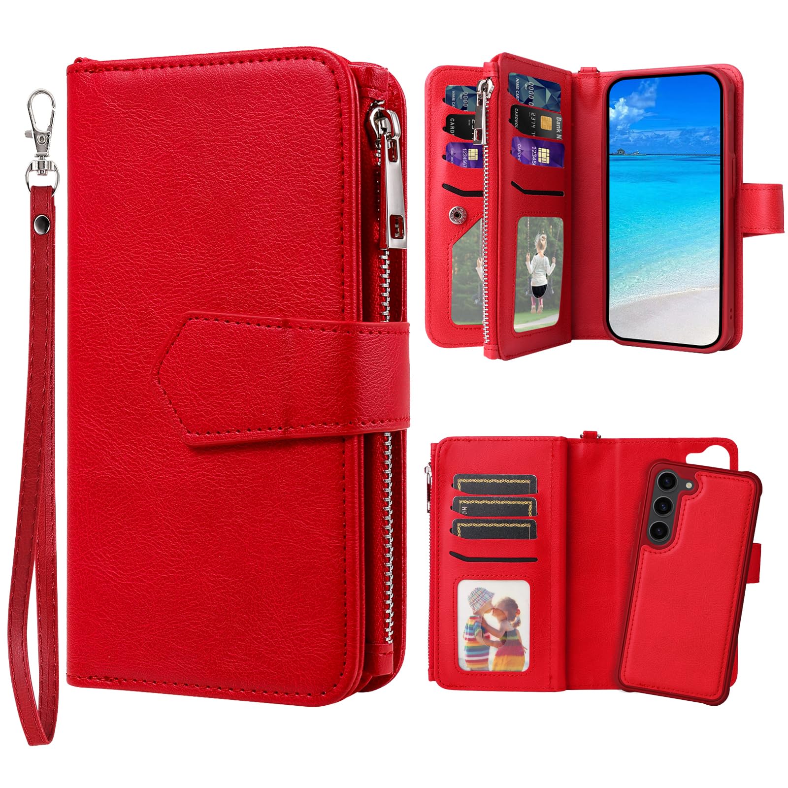 JZASES Case for Samsung S23, 2 in 1 Magnetic Detachable Shockproof Case, Flip Folio PU Leather Cover with Card Slot for Samsung Galaxy S23, Red