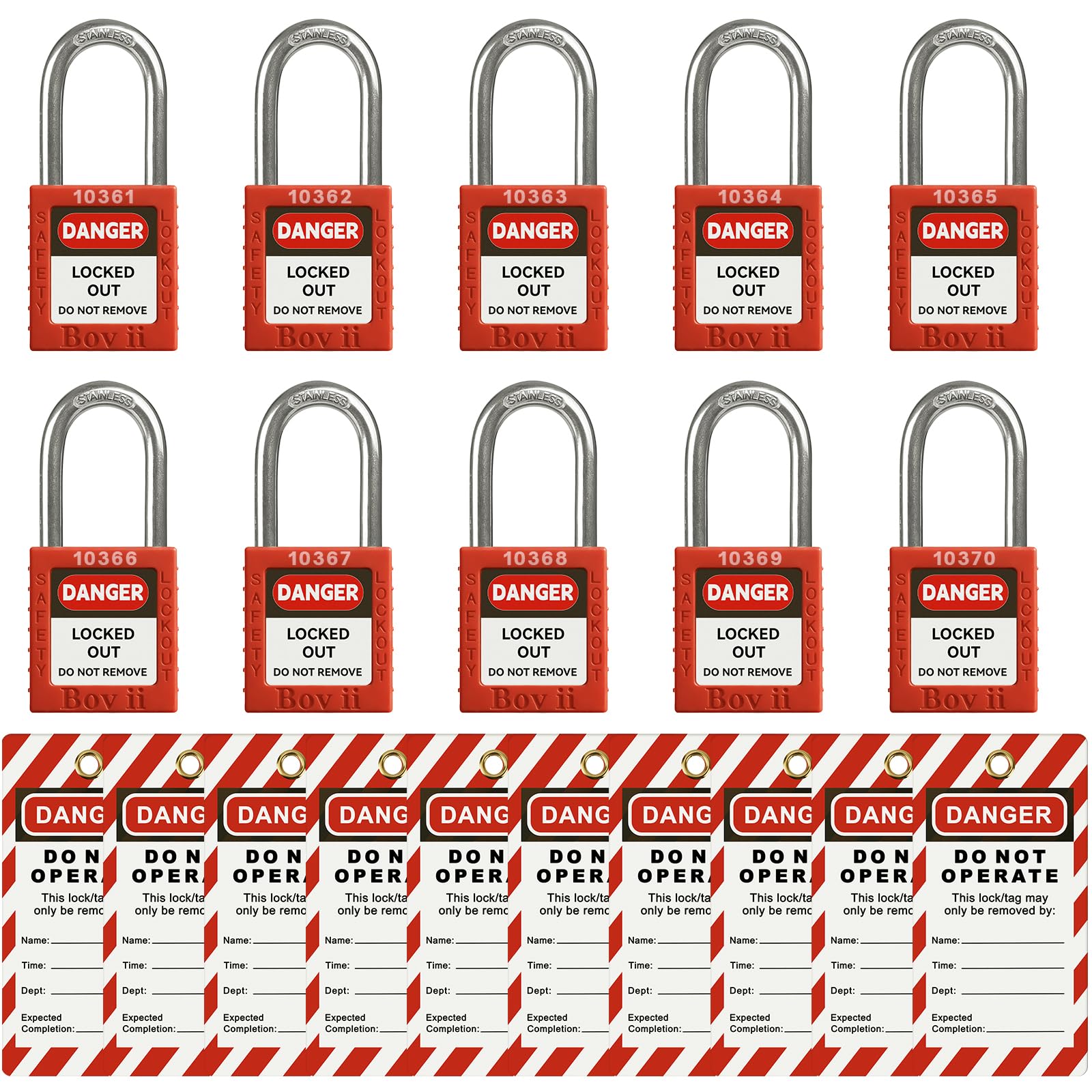 Candados de bloqueo con llave diferentes, 10 juegos de etiquetas de bloqueo rojo, candado de plástico de bloqueo de seguridad, 2 llaves por cerradura, cerraduras Loto con etiquetas de