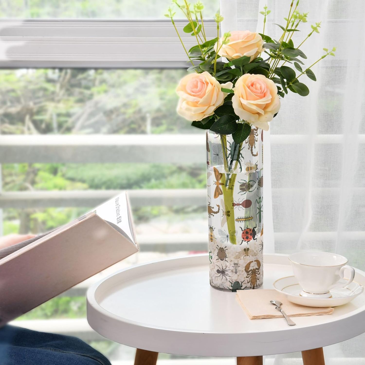 Bugs Insects White Flower Vase Decorative 11.8 Inch Cylinder Vases Plastic Bud Vases for Bouquet Table Centerpieces Home Desk Decor