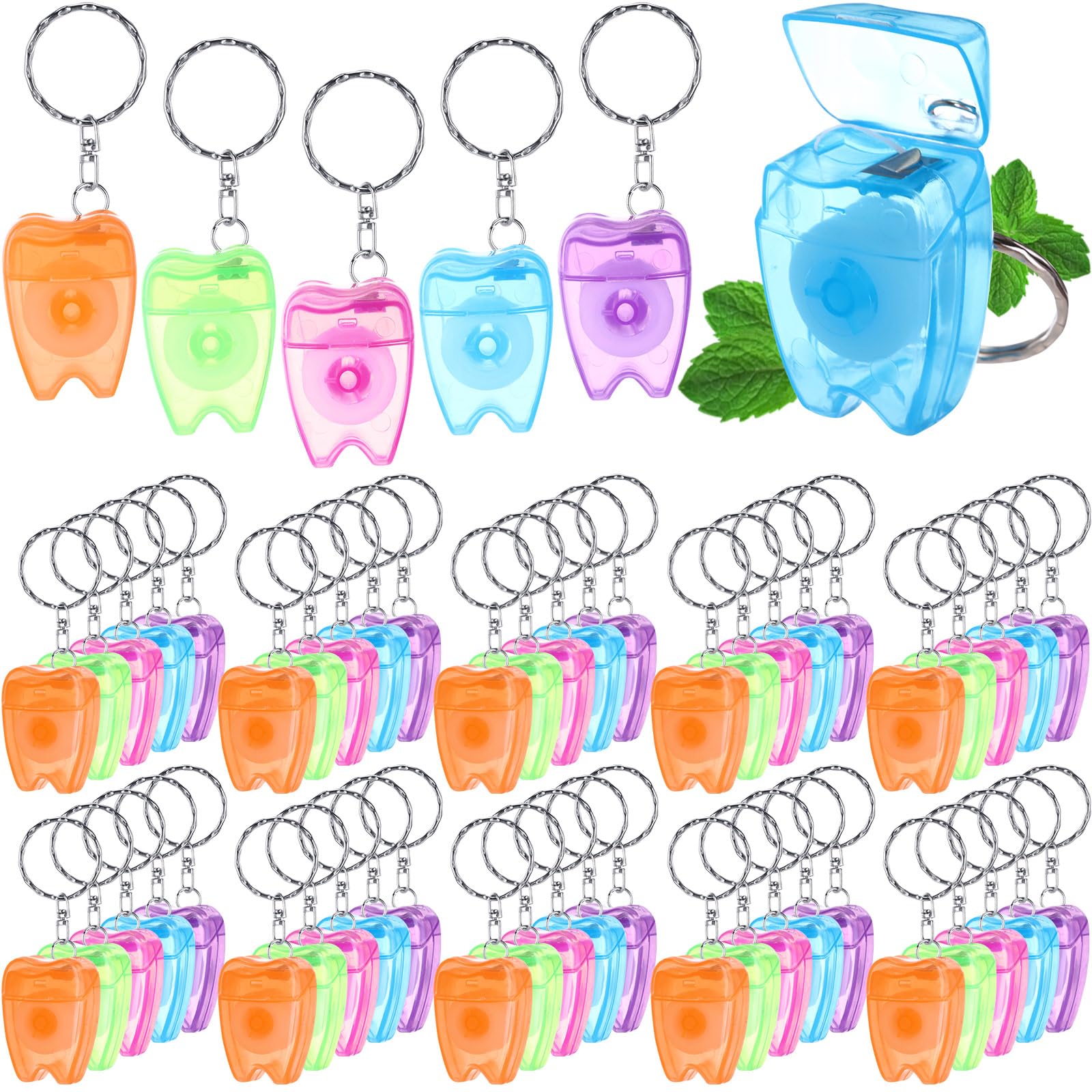 Landical 50 Pcs Mini Dental Floss Keychain Bulk Tooth Shaped Portable Floss Cleaning for Travel Homeless Donated Gifts