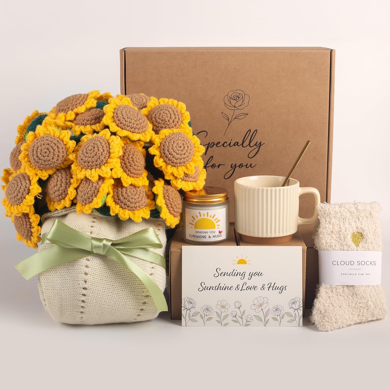 Get Well Gifts for Women, Sunflower Flower Bouquet Blanket Gift Basket, Encouraging Care Package for Her, Thank You & Thinking of You Gifts, Cozy Throw with Mug Candle Socks (Sunflower Bloom)