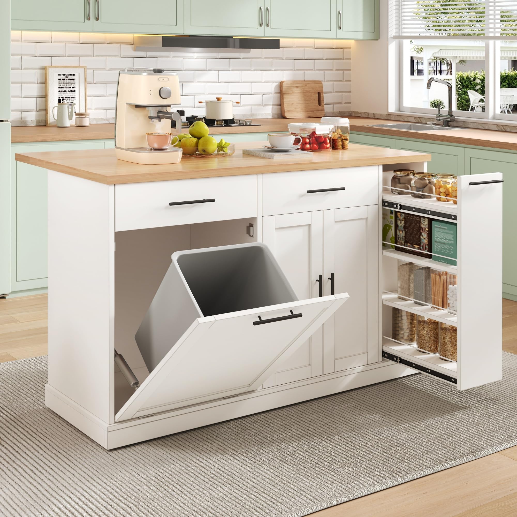 Merax Kücheninsel Freistehend mit Mülleimer, Küchenwagen mit Rollen, Küchenschrank mit Klappbarer Arbeitsplatte, 4 Gewürzregal, 2 Schubladen, Mülleimer Schrank für Küche, 120x70x93,5cm, Weiß