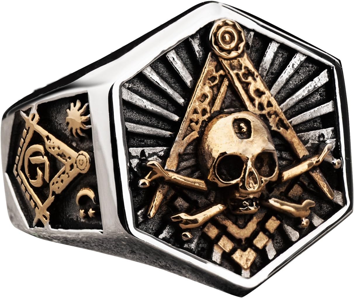 Masonic Ring for Men Hexagon Skull Stainless Steel Freemason Totem Jewelry (12)