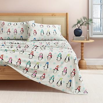 Great Bay Home Christmas Flannel Sheet Set Queen Size - 100% Turkish Cotton, Double-Brushed, Winter Bed Sheets - Ultra-Soft, Cozy, 4-Piece Holiday Bedding Set Penguins