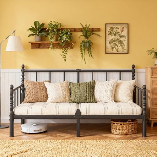 12 Inch Twin Metal Daybed Frame with Headboard, Sofa Bed for Living Room, Minimalist Modern Heavy Duty Twin Size Day Bed for Bedroom, Easy Assembly, Black