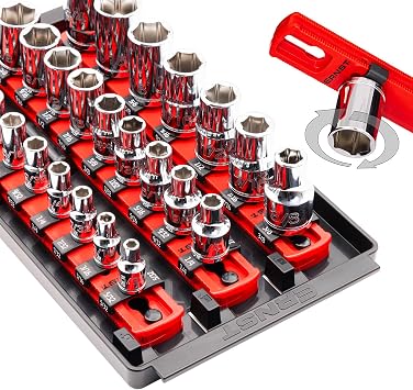 Ernst Manufacturing 8-Inch Socket Boss, 3-Rail Socket Tray, Red - 1/4", 3/8", 1/2" Drive Twist-Lock Organizer, Made in the USA