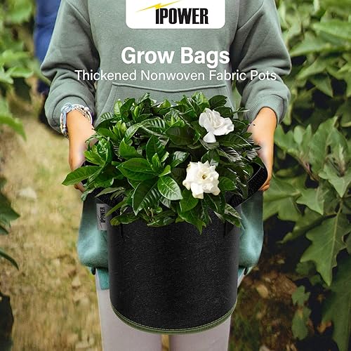 Miniatura 8 de iPower Paquete de 5 bolsas de cultivo gruesas de tela no tejida de 3 galones, contenedor de aireación resistente con asas de correa para jardín y