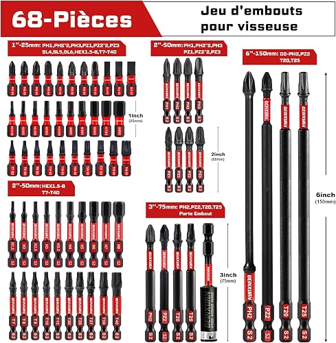 Geinxurn 68 Pieces Impact Screwdriver Bit Set (PH, TX, PZ, SL, hex), 1/4 inch Hexagonal Shaft S2 Alloy Steel 25/50/75/150 mm Bit Tips with 1Pc 75 mm Magnetic Bit Holder - 2
