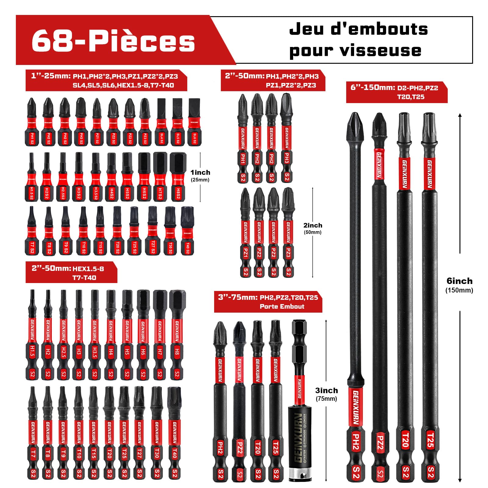 Geinxurn Professional 68 Pièces Embouts de Vissage aux Chocs (PH-, TX-, PZ-, SL-, Hex), Embout Magnétique pour Visseuse Tournevis Tige Hexagonale 1/4" S2 en Acier Allié avec Porte-embout de 75 mm