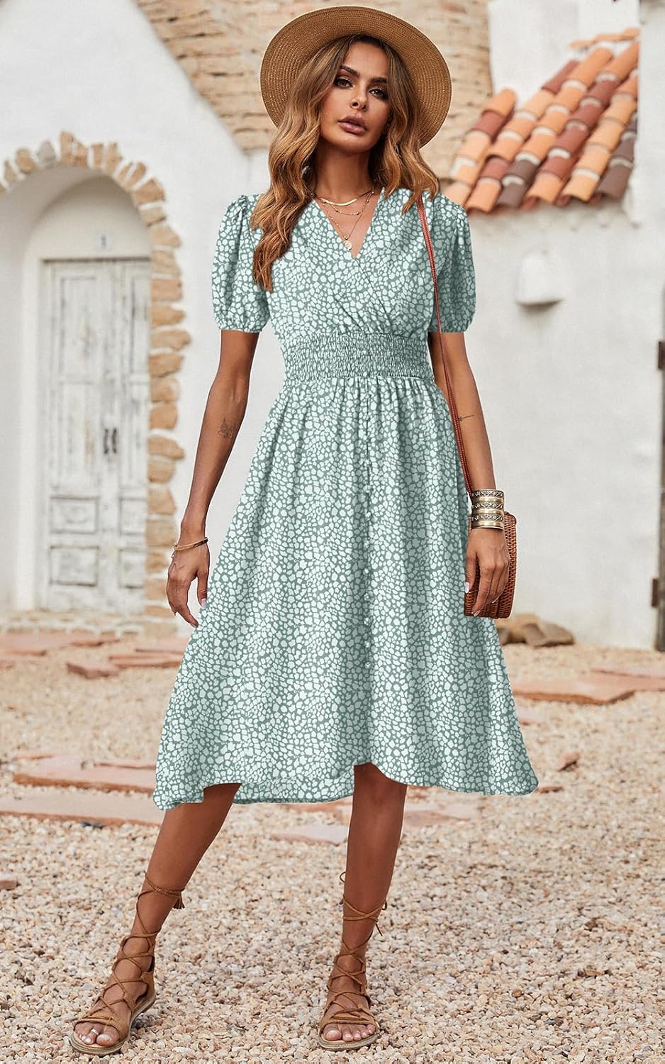 PRETTYGARDEN Women's Floral Wrap V-Neck Midi Dress Short Sleeve Boho Summer Beach Long Dress High Low Hem Smocked Dress Women - Image 2