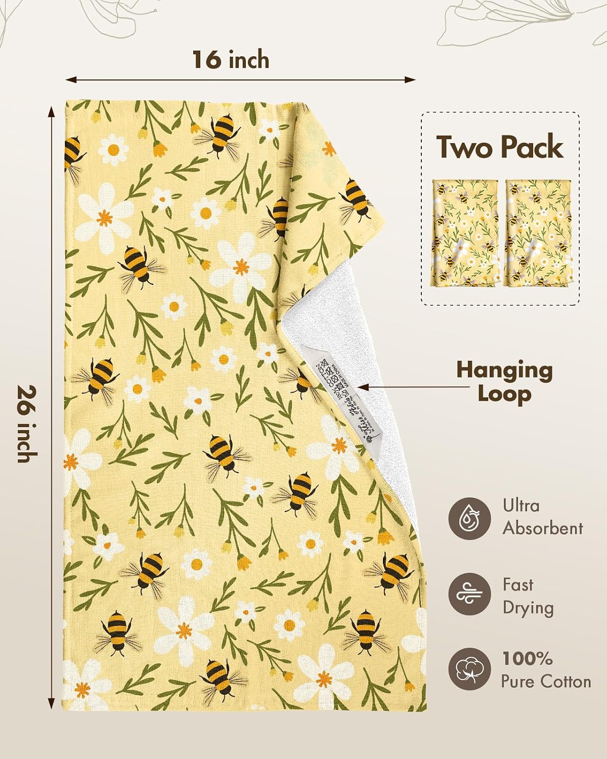 Miss Adola Cotton Kitchen Towels Set of 2, 16x26 Inch, Bee image 4