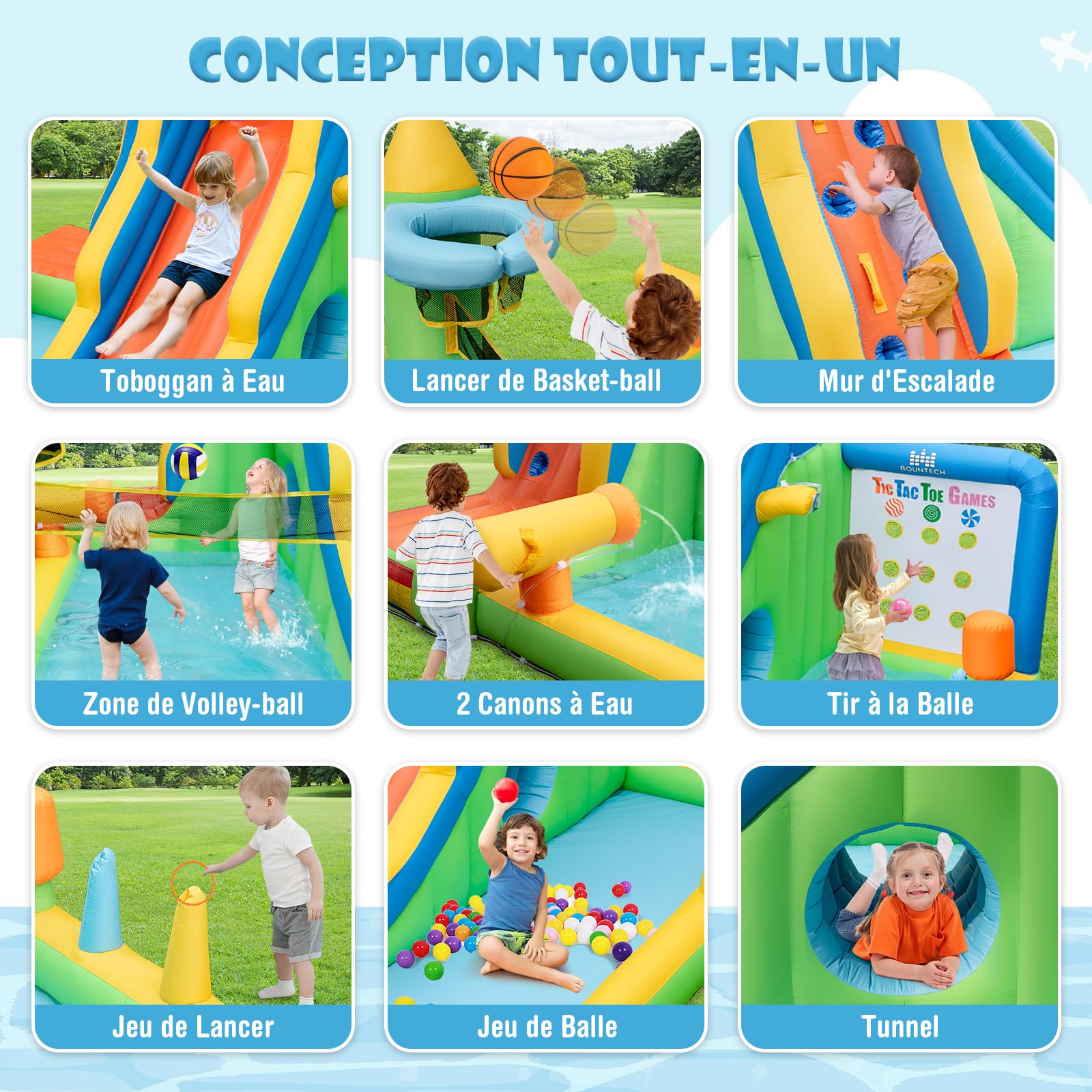 GOPLUS Château Gonflable Enfants Géant,Piscine,Mur d'escalade, Canons à Eau Basket-Ball Volley-Ball, pour Intérieur Extérieur Charge 45+45KG pour Enfants 3-10 Ans (Elephant, sans Souffleur)
