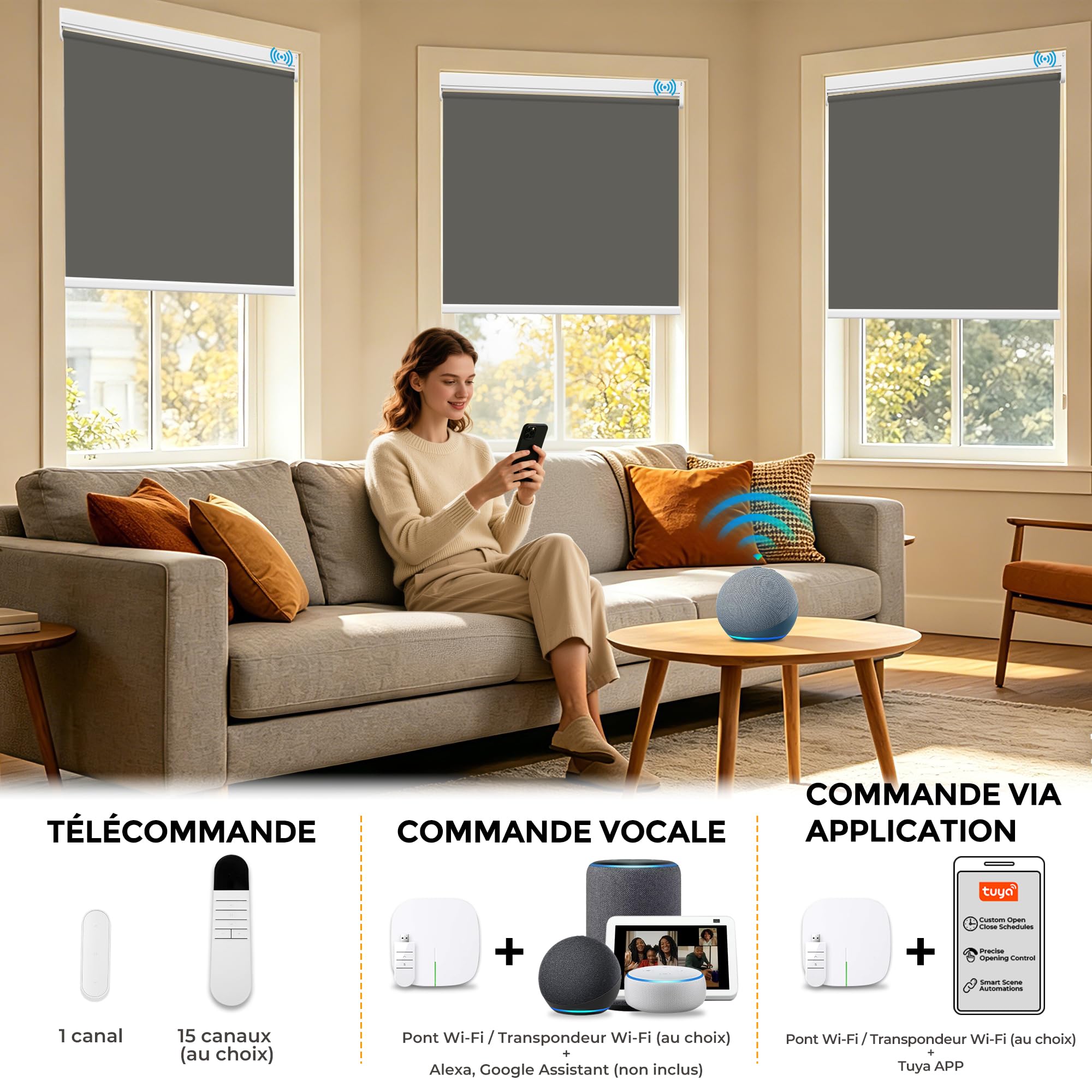 HOMEDEMO Stores Enrouleur Occultant Électriques M100, Moteur & Télécommande, avec ou sans Perçage, Rideau de Protection Solaire pour Fenêtres, 45 x 100 cm, Gris Foncé