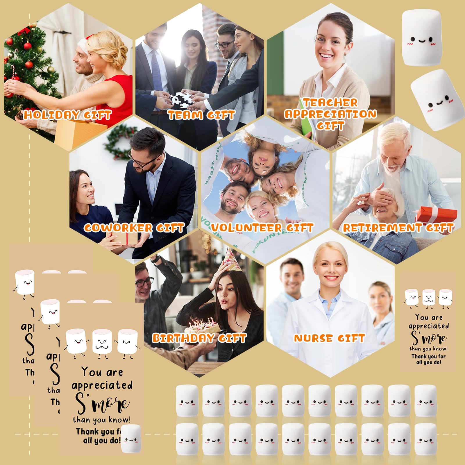 CroBlissful 30 Sets Inspirational Small Gifts Bulk Funny Cute Small Resin Marshmallow Smores with Thank You Card Appreciation Gifts for Office Teacher Coworker Staff Nurse Stress Fidget Toy