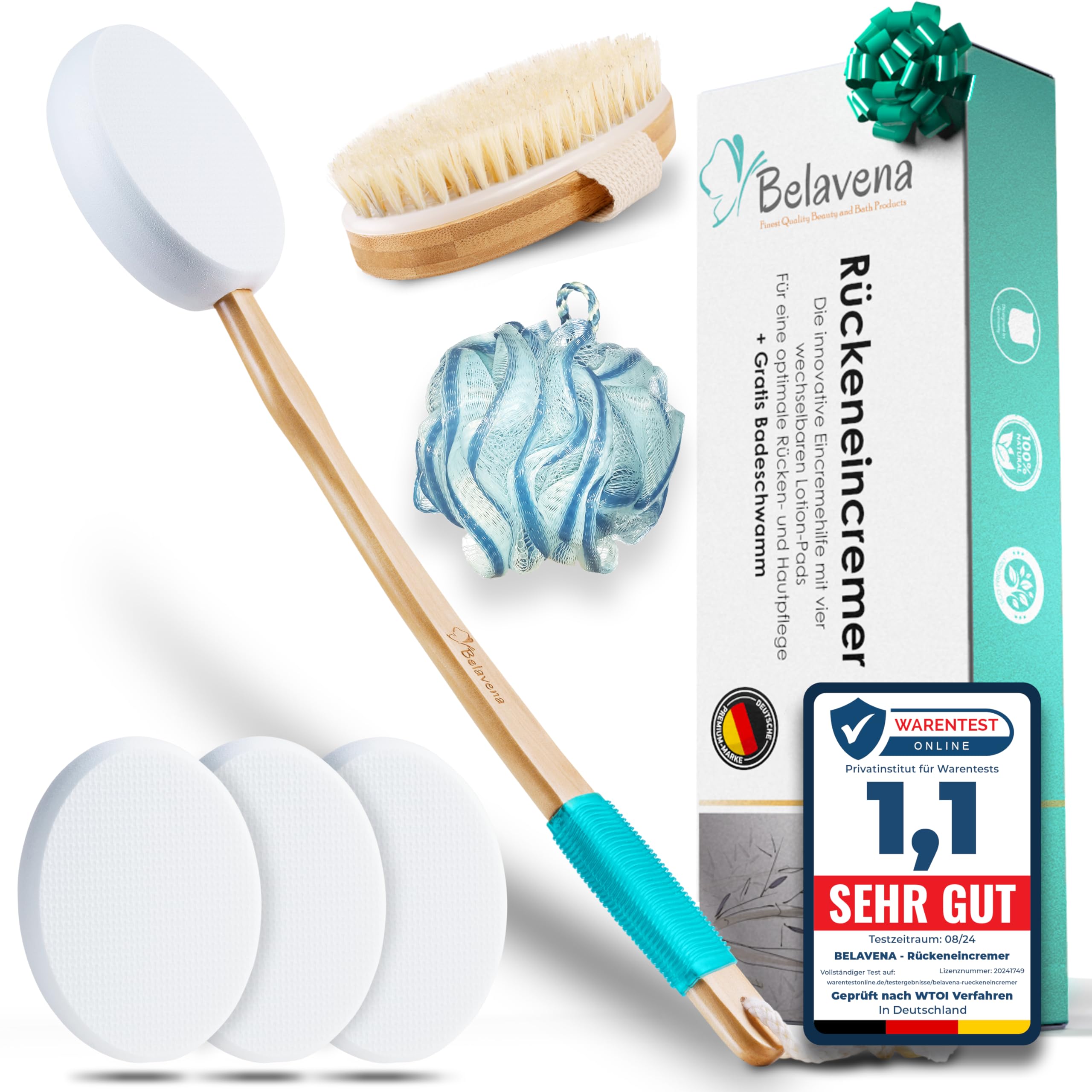 BELAVENA© Crema para espalda | Concepto mejorado 2024 – Cuidado óptimo de la espalda con crema para la espalda/cepillo de espalda incluye 4 almohadillas intercambiables, crema de espalda / crema de