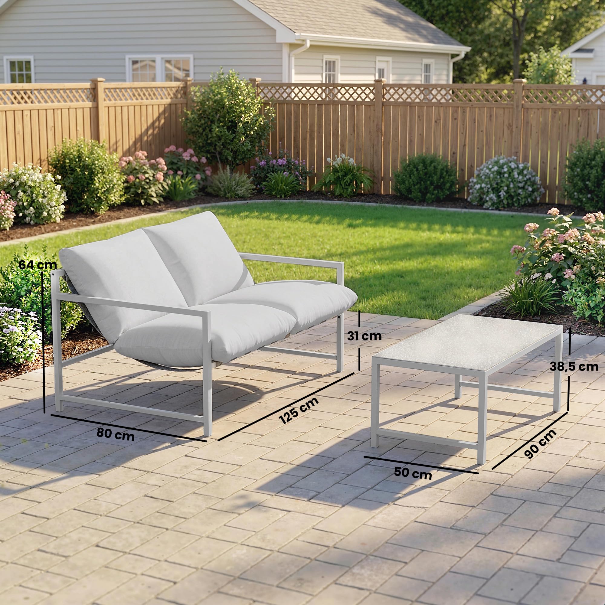 Outsunny Salon de Jardin Extérieur 2 Pièces, Canapé 2 Places avec 2 Coussins et Table Basse en Verre Trempé Marbré 3D, Mobilier de Jardin pour Terrasse Balcon Jardin, Acier, Gris Clair