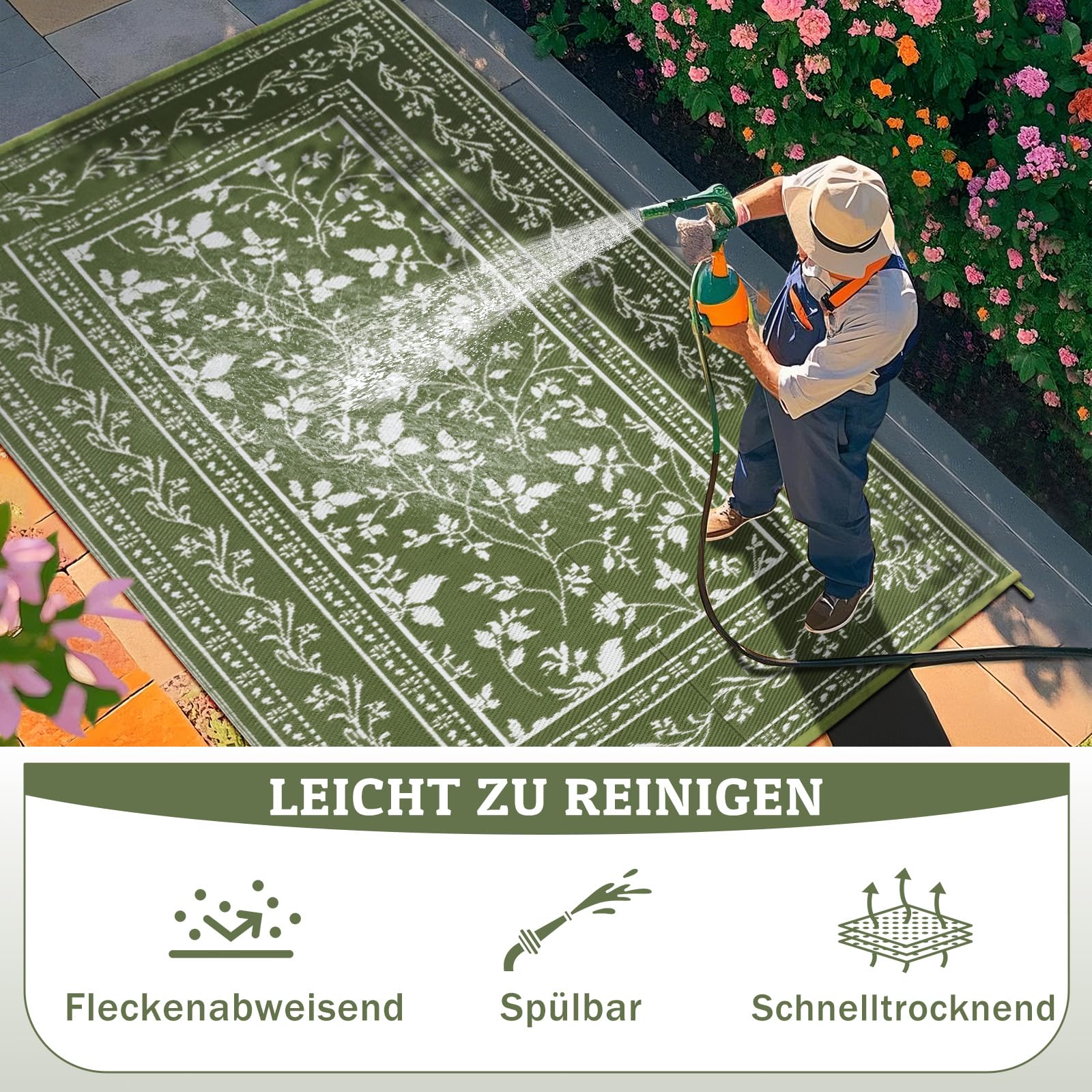 Grün Outdoor Teppich Wetterfest 150x245cm, Wendbarer Balkon Teppich, Outdoorteppich Matte Kunststoff Teppiche, Wasserdichter Außenteppich, UV-Beständige Camping Teppiche für Terrasse Garten RV