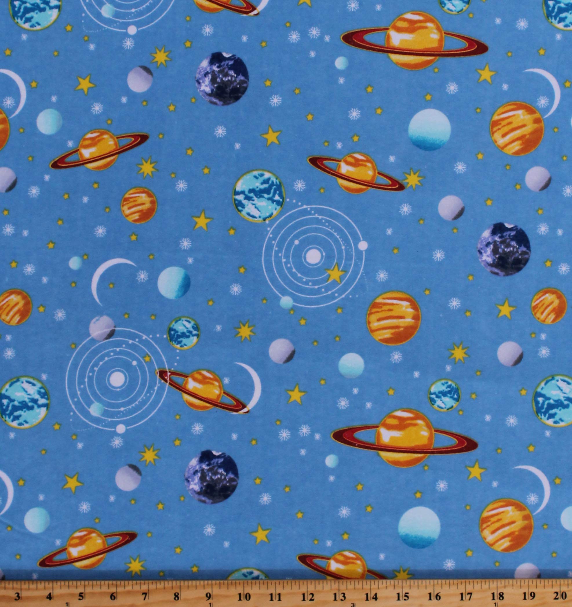 Flannel Planets Outer Space Solar System Stars Moons Kids Blue Cotton Flannel Fabric Print by The Yard (D280.42)